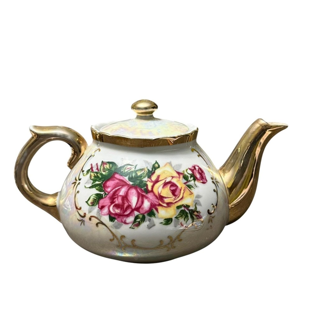Vintage Japan Lusterware Teapot Pink Yellow Roses Gold Trim Iridescent Floral